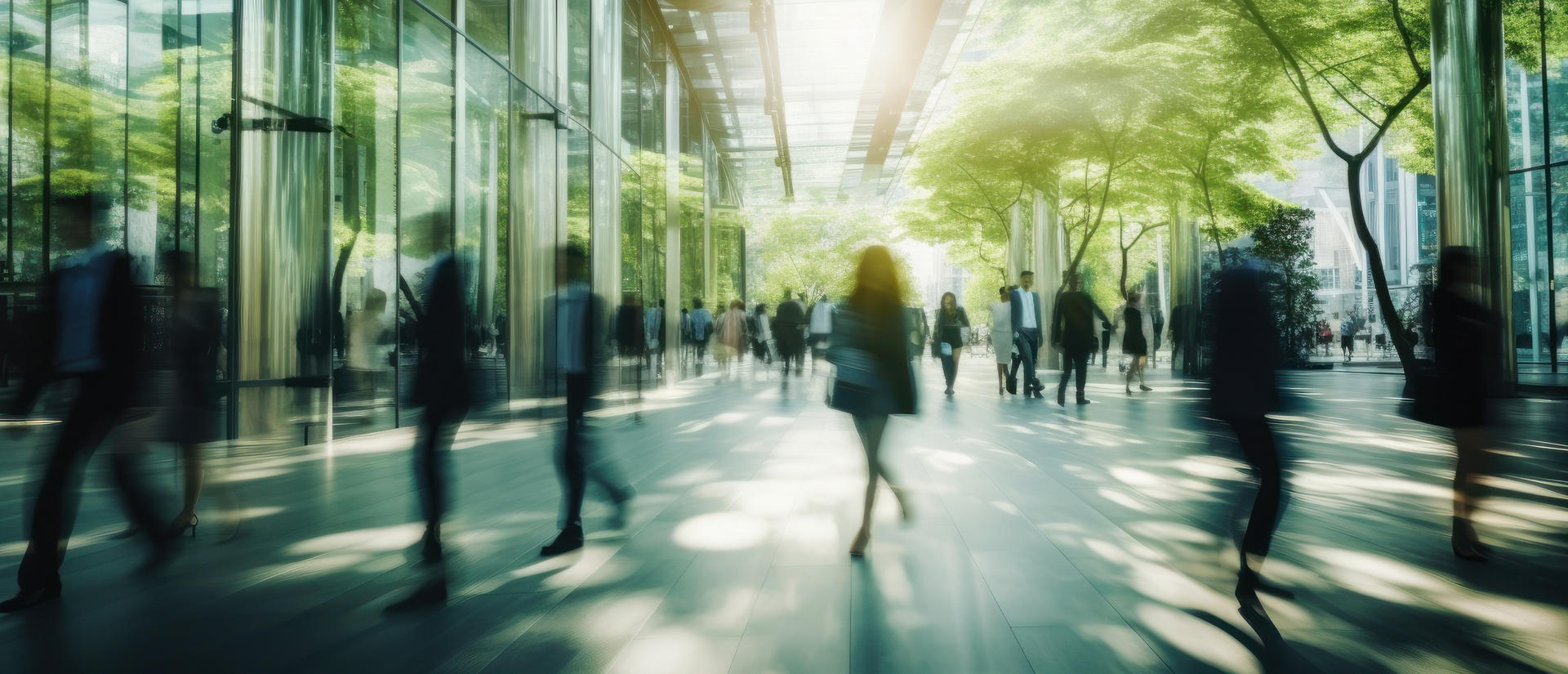 Blurry image in shades of green and blue of people walking in a cityscape.